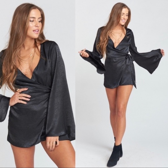 Show Me Your Mumu Wrap Black Sheen Satin Romper - Picture 3 of 15